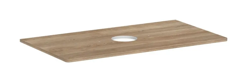 Konsole aus Holz mit mittigem Ausschnitt für einen Aufsatzwaschtisch, geeignet für die Nutzung mit Produkten von Hansgrohe.